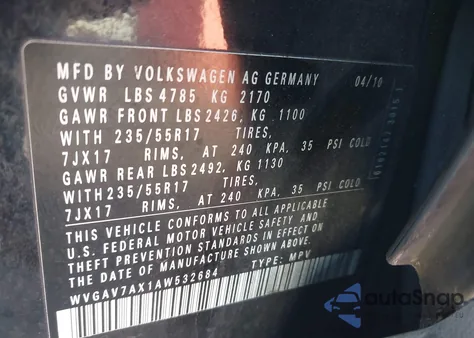 2010 Volkswagen Tiguan Wolfsburg Edition из США, поврежденный, VIN WVGAV7AX1AW532684